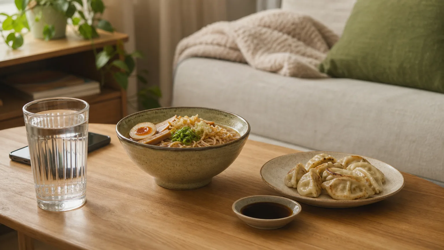 Ramen, dumplings with soy sauce and a large glass of water on a coffee table