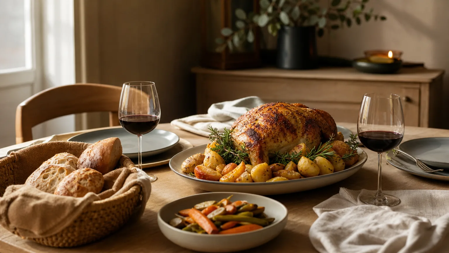 A Sunday dinner table with a roast, potatoes, bread and wine
