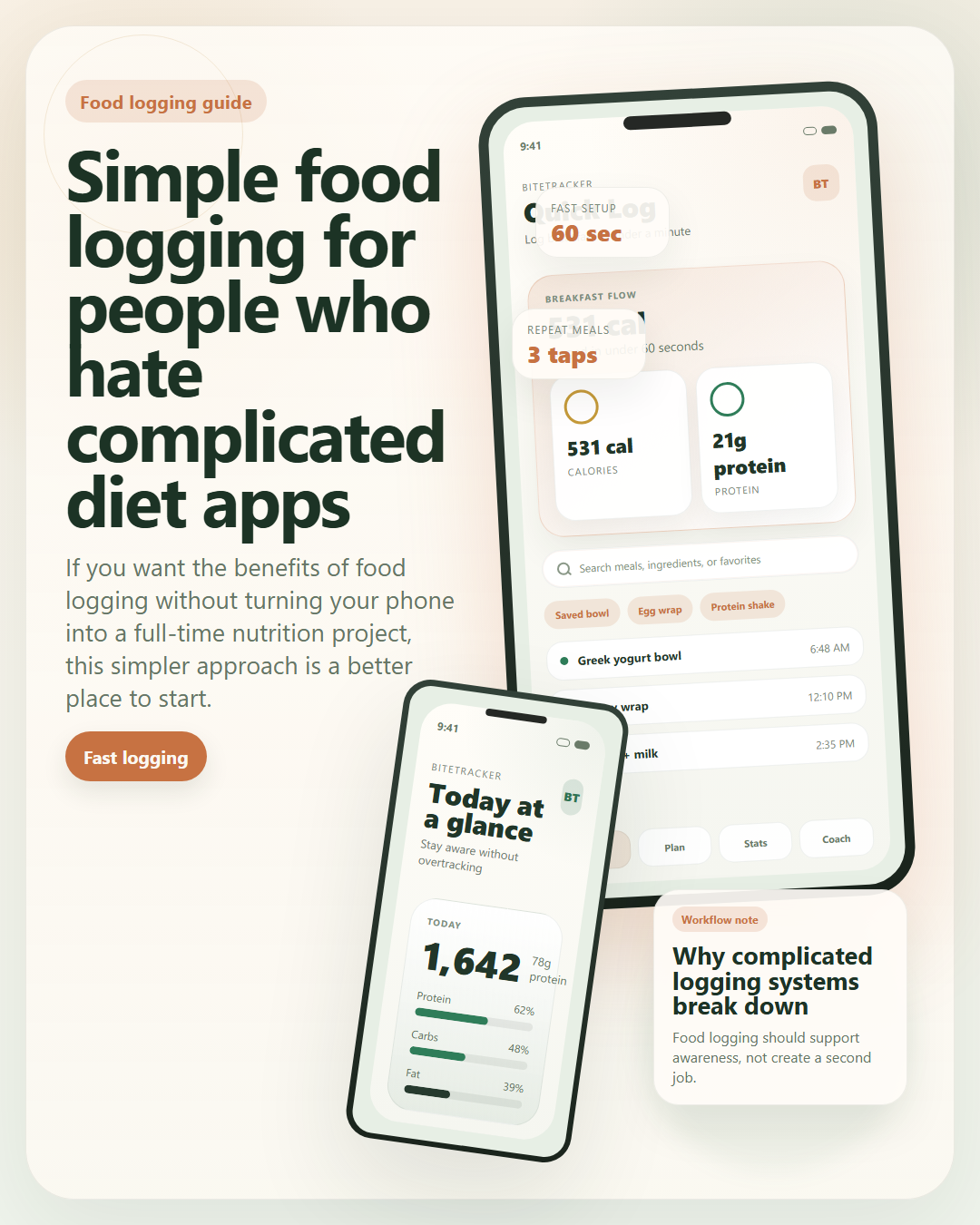Two phone screens showing saved meals for quick logging and a day total of 1,642 calories with macro bars